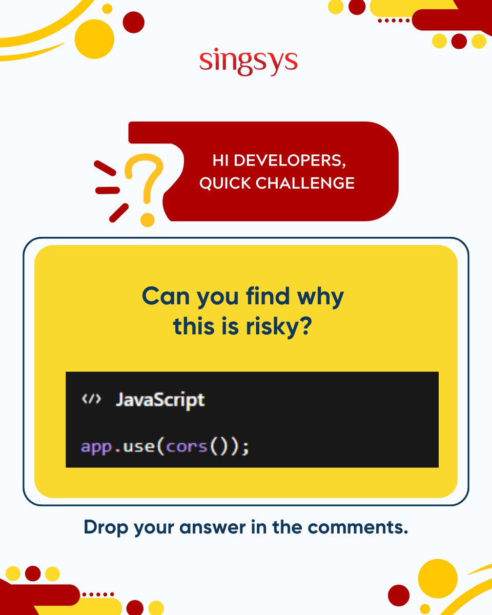 singsyspteltd's tweet image. This line is commonly used…
But if not handled correctly, it can lead to unexpected problems.

Can you find the risk?

Drop your answer in the comments

#Developers #CodeChallenge #BackendDevelopment #CyberSecurity #Singsys