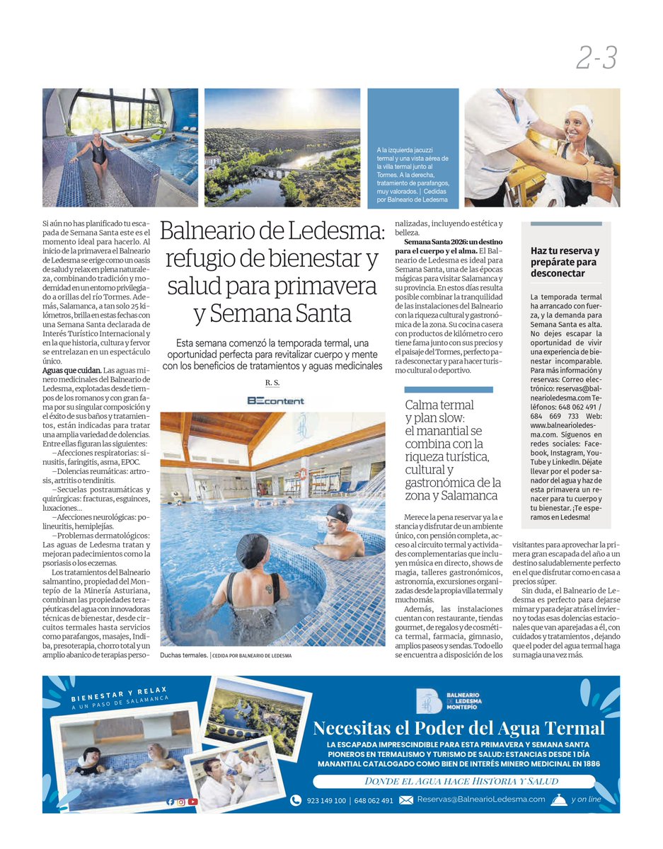 MontepioAst's tweet image. 🗞️ Hoy, en el suplemento de Salud  de @lanuevaespana  la nueva temporada #termal 💧2026 del #BalnearioLedesma🔵
🛎️ 📞 923 149 100 
📧 Reservas@BalnearioLedesma.com
o en canales #MontepíoAst📞985 96 54 85
#DondeElAguaHaceHistoria 
#AlmaMinera⚒️
