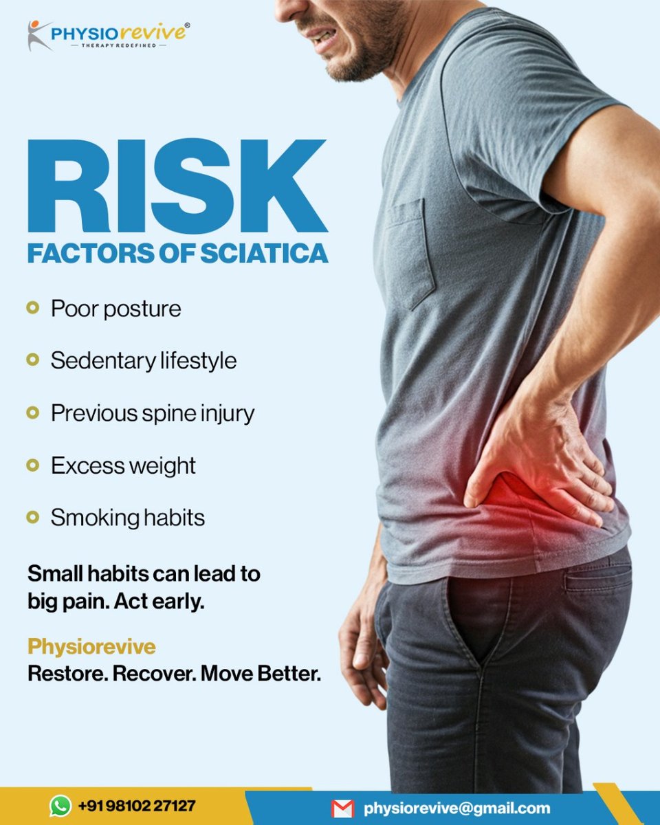 physiorevive's tweet image. Sciatica does not start overnight. It builds through daily habits like poor posture and long sitting hours.
Do not ignore the signs. Early physiotherapy can prevent long-term pain.
@physiorevive 
 Restore. Recover. Move Better.
#physiorevive #sciatica #backpain #physiotherapy