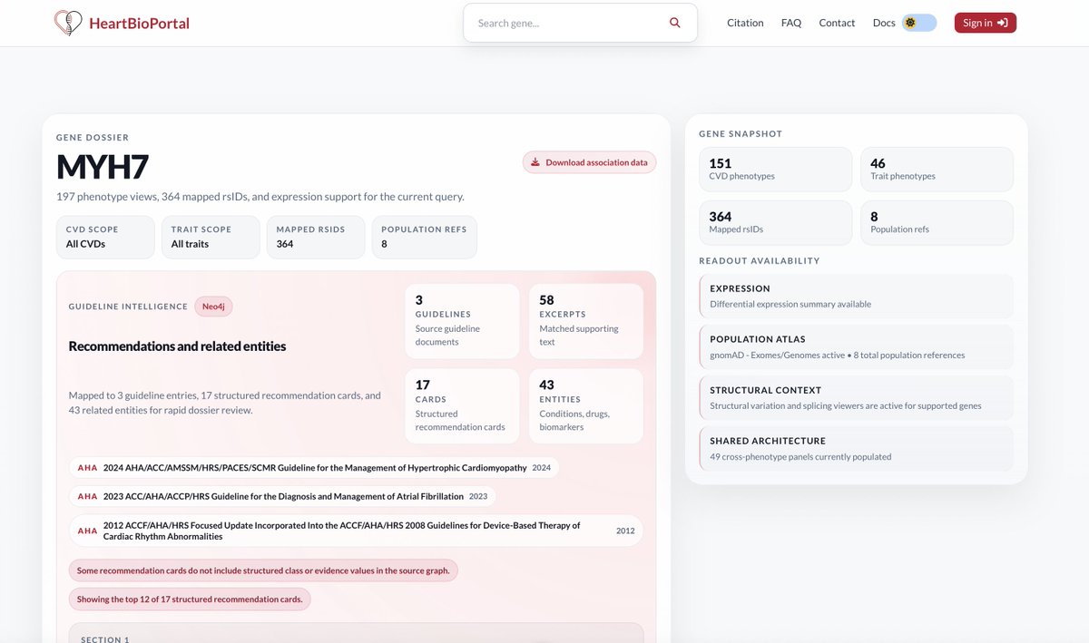 heartbioportal's tweet photo. Sneak peek of HeartBioPortal 3.0 👀

Search results are getting a major upgrade. This MYH7 view shows cardiovascular clinical guideline intelligence directly embedded in the gene dossier, making it easier to move from gene to evidence to interpretation... https://t.co/4WVBT4FIgx