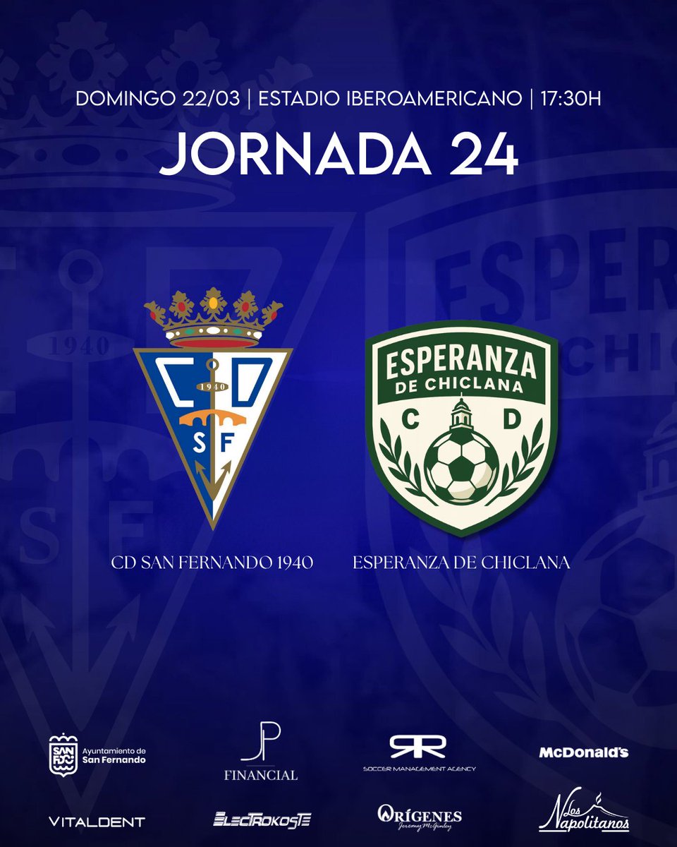 ⚔️ ¡Este domingo volvemos al Iberoamericano! 

🆚 CD Esperanza de Chiclana
📅 Domingo 22 de marzo
🕠 17:30 h. 
🏟️ Estadio Iberoamericano
🏫 Entrada libre para los colegios de La Isla

🦁 ¡Te esperamos para vivir una tarde inolvidable! 

#CDSanFernando1940