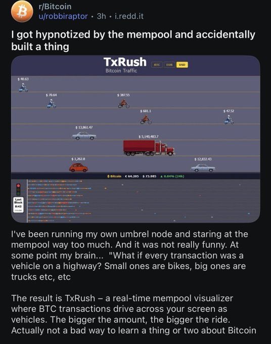 TBB_JP's tweet photo. ビットコインの送金を可視化する『TxRush』🚗

送金額に応じて自転車から巨大なトラックまでリアルタイムに流れてきます。
たまには頭を空っぽにしたい人にも
おすすめかもしれません😁

視覚的にビットコインを楽しめる体験をぜひ👇 https://t.co/IRFATSg73q