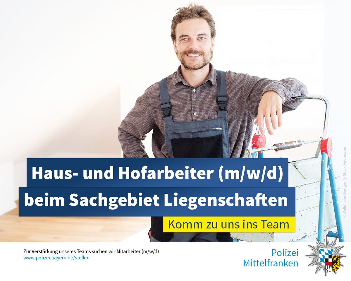 PolizeiMFR's tweet image. ++#Stellenangebot++

Zur Verstärkung des Teams beim Sachgebiet V 5 suchen wir zum nächstmöglichen Zeitpunkt einen Haus- und Hofarbeiter (m/w/d) auf einer unbefristeten Vollzeitstelle mit 40 Wochenstunden.

bevi.polizei.bayern.de/index.php?ac=j…