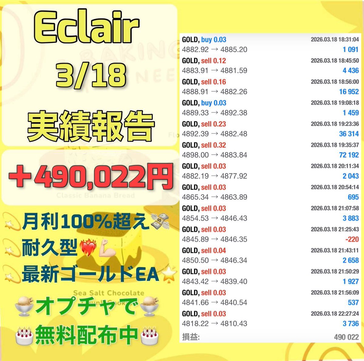 eaeaea1000's tweet photo. 3月18日収支

FX自動売買
🧁Eclair🧁
＋490,022円(日利49.0%)

🍰耐久型
✅危険指標をモノともしない高耐久
✅東京時間だけで高利益
想定月利100%

無料EA受取オプチャ👇
https://t.co/kZVt8oCXCy
ad 為替介入 無風 ドル円 NISA https://t.co/rckBw8vFI1