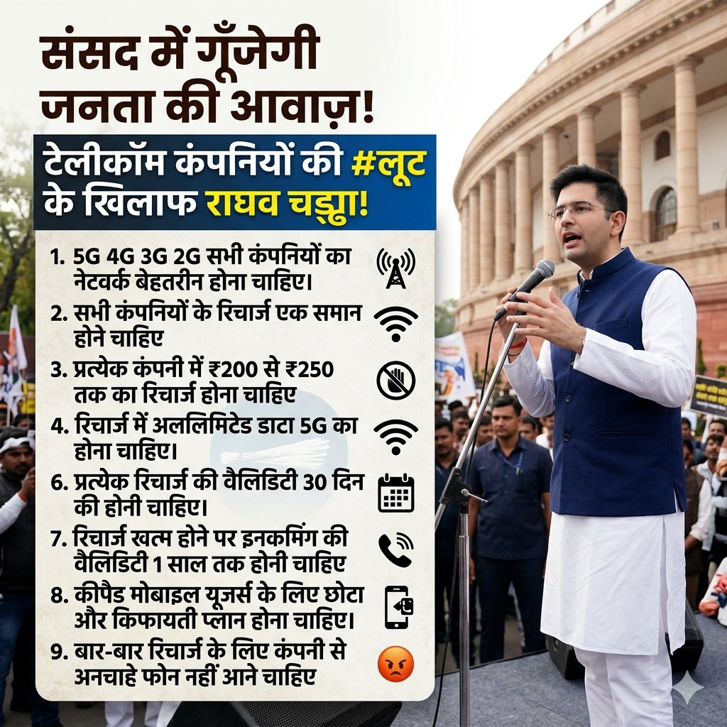 राघव चड्ढा ने देश में टेलीकॉम कंपनियों द्वारा हो रही #लूट पर निम्न प्रश्न संसद में उठाने के लिए आपकी राय मांगी है 👇👇🚨🚨

इन्हें पढ़कर अपनी राय जरूर दें 👏 

1. 5G 4G 3G 2G सभी स्तर पर सभी कंपनी का नेटवर्क बेहतरीन होना चाहिए।

2. सभी कंपनियों के रिचार्ज एक समान होना चाहिए 🛜