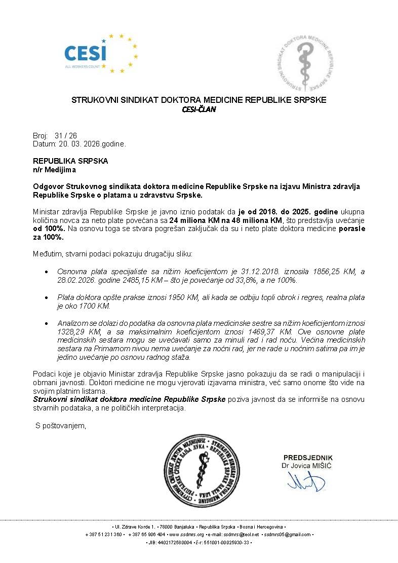 ZSsdmrs's tweet photo. ➡️ Ministar tvrdi: plate doktora porasle 100%.
 ➡️ Istina: osnovna plata specijaliste porasla 3,8%.
 ➡️ Plata doktora opšte prakse: 1700 KM-nakon odbitaka.
Obmana javnosti nije slučajna – doktori vjeruju platnim listama, a ne izjavama ministra.
SSDMRS – za dostojanstvo profesije. https://t.co/yJqew3FG8h