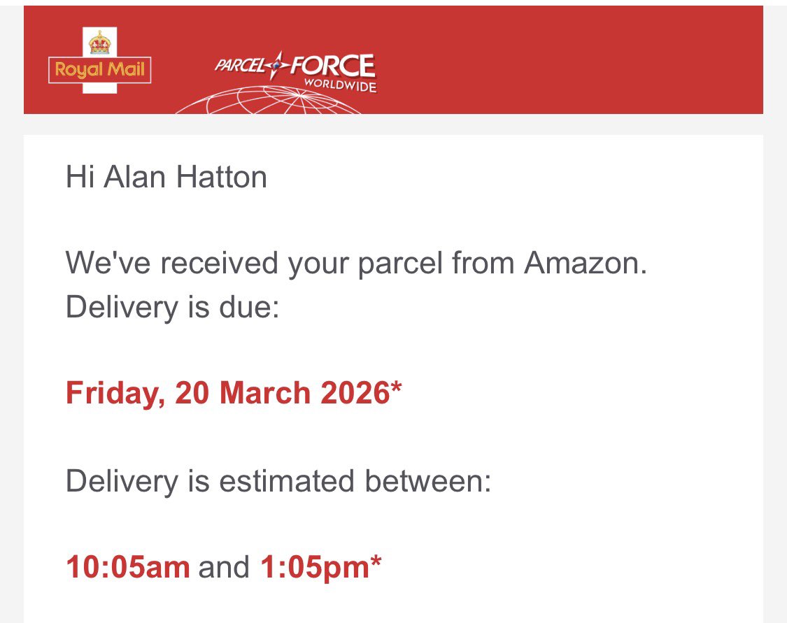 AlHatto26's tweet photo. Gotta love @RoyalMail give me a 3 hour delivery slot, not too bad - day of delivery they give me a 7 hour delivery spot. WTF. Not like I’ve got anything better to do than sit and wait… https://t.co/PxGXCwf5Vf