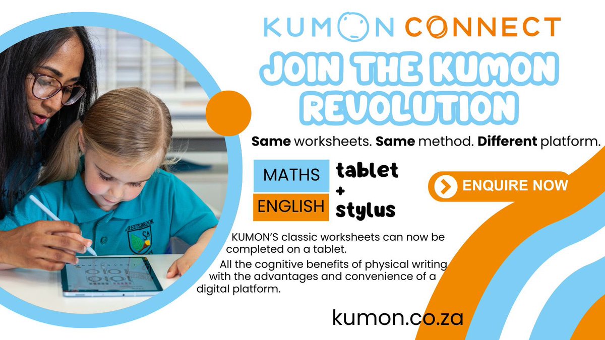 ParentingHub1's tweet image. Kumon’s world-renowned programmes are now available in a digital format. Tried and tested materials combined with new technology give your child even more support.

Visit kumon.co.za/kumon-connect for more!

#kumon #extralessons #maths #english #education #tuition #kumonconnect