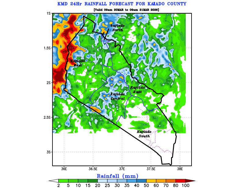 Nairobi Metropolitan Rainfall Update – 20 March 2026 🌧️

Latest KMD 24hr forecast (09:00 today – 09:00 tomorrow) shows moderate to heavy showers in parts of the metro area.
Highlights:
•Kajiado County: Moderate–heavy showers; heavier hotspots in North &amp; West.
•Nairobi County: