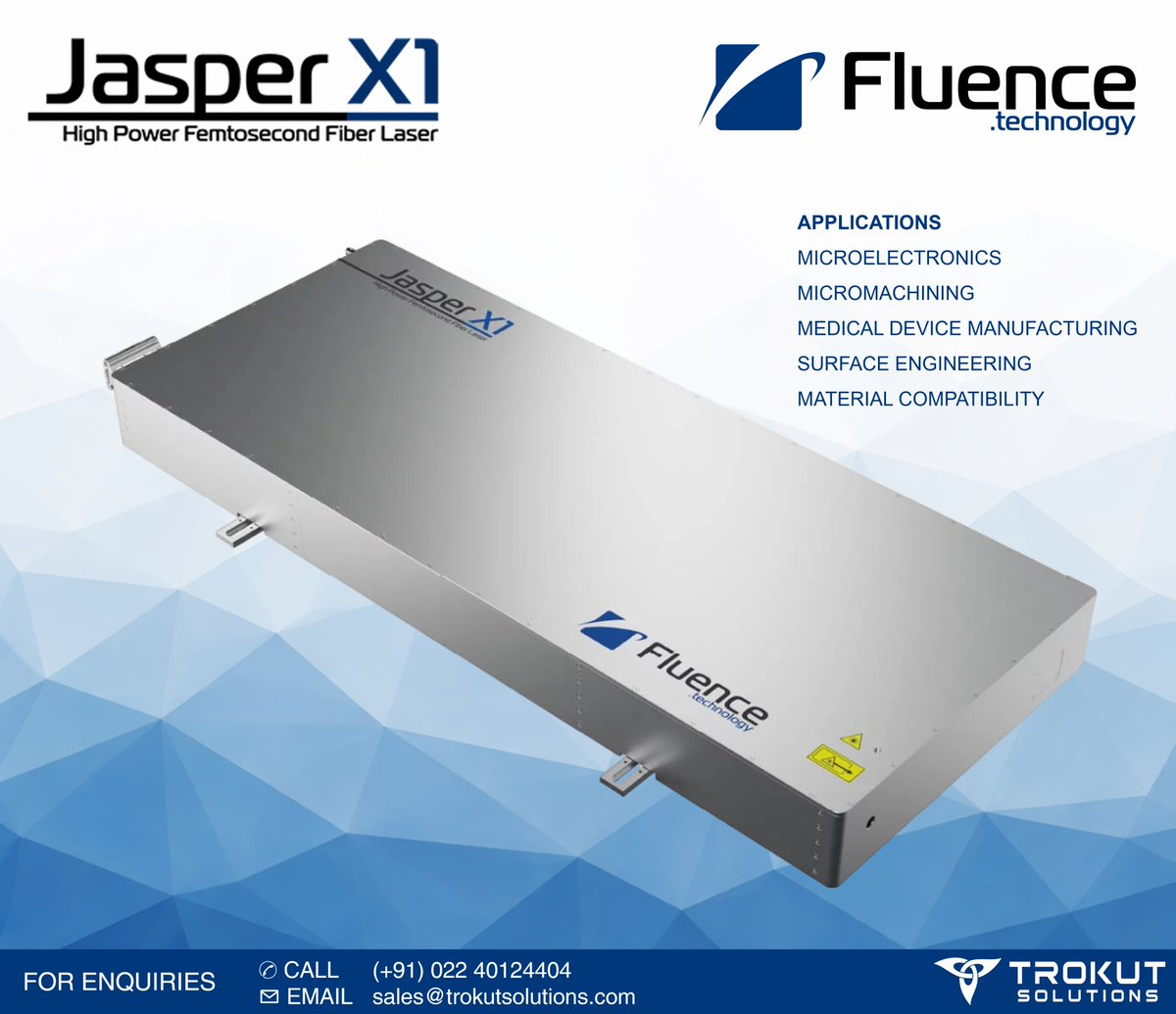 trokutsales's tweet photo. Jasper X1 – High Power Femtosecond Fiber Laser  

60 W | 200 µJ | <270 fs – 20 ps | Pulse-on-Demand  

Perfect for microelectronics, micromachining, medical devices &amp; surface engineering  

From @FluenceLaser 

📩For more information, contact us at sales@trokutsolutions.com https://t.co/8rJzZD1GbO