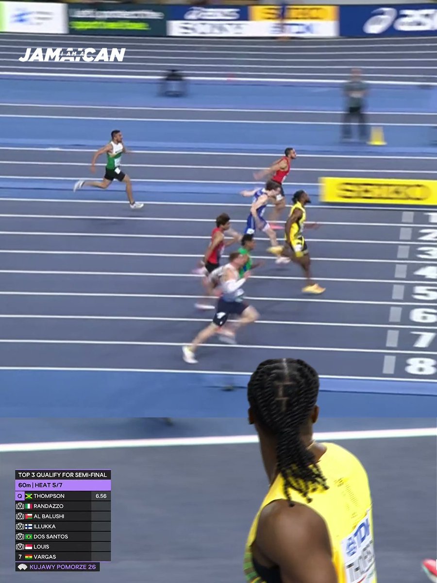 🇯🇲 Kishane Thompson wins Heat 5 in 6.56. Comfortable qualification into the semi-finals at the World Indoor Championships in Poland. #worldchampionships #poland #jamaica #KishaneThompson
