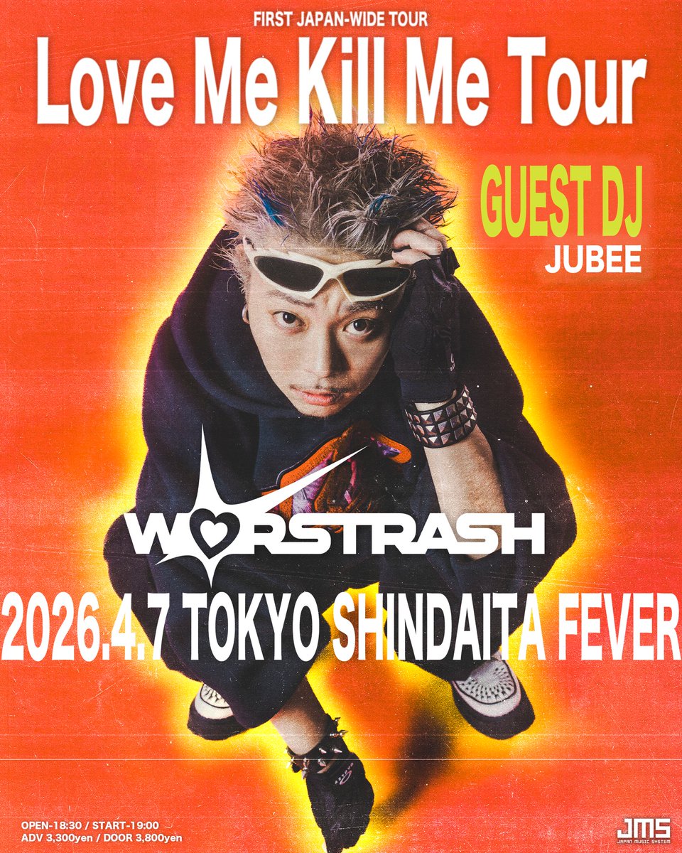 JUBEE_staff's tweet image. 【NEW DJ INFO：JUBEE】

WORSTRASH Pre Love Me Kill Me Tour
JUBEE DJ出演決定

2026/4/7(Tue.) @新代田 FEVER
OPEN 18:30 / START 19:00
 
■出演
&amp;lt;LIVE ACT&amp;gt;
WORSTRASH

&amp;lt;GUEST DJ&amp;gt;
JUBEE

🎫 ADV ¥3,300 / DOOR ￥4,000 + 1D
w.pia.jp/t/worstrash-lo…

#JUBEE
#WORSTRASH
#LMKM
#lovemekillmetour