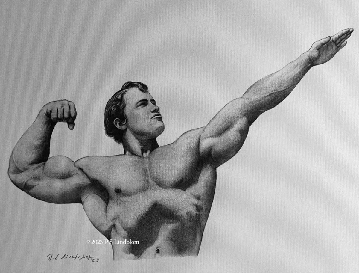 A pencil drawing of Arnold Schwarzenegger, after the famous 1966 photo were Schwarzenegger points one hand out as he flexes his torso on Muscle Beach, Santa Monica, California. 

Arnold Alois Schwarzenegger (born July 30, 1947) Austrian and American actor, film producer,