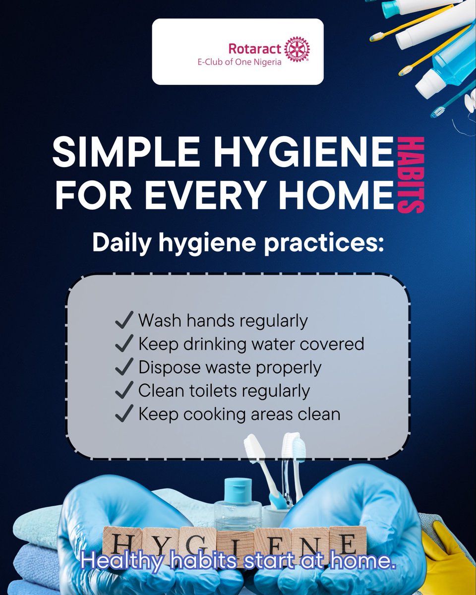 RotaractECON's tweet photo. Small daily habits can protect your health.
🧼 Wash your hands 💧 Drink clean water 🚮 Dispose waste properly 🏡 Keep your environment clean

Healthy habits protect families and communities.

#WASHWeek #HealthyCommunities https://t.co/LR5nyOeuCN
