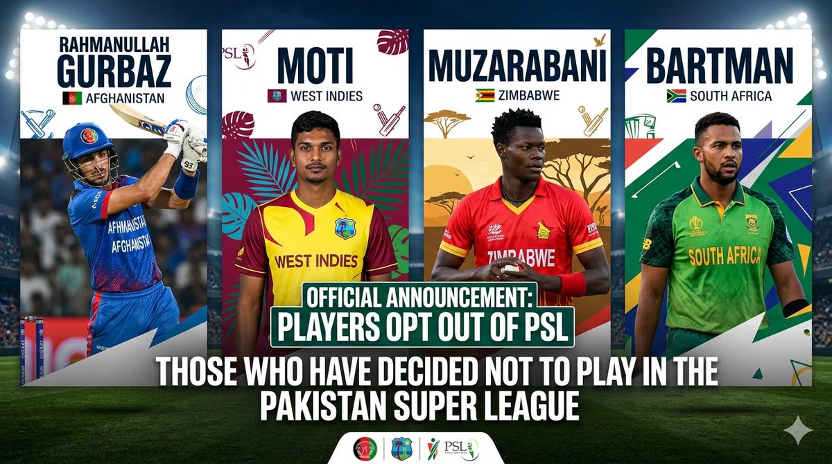 Those who have decided not to play in the Pakistan Super League:
Rahmanullah Gurbaz — Afghanistan
Moti — West Indies
Muzarabani — Zimbabwe
Bartman — South Africa
#PSL