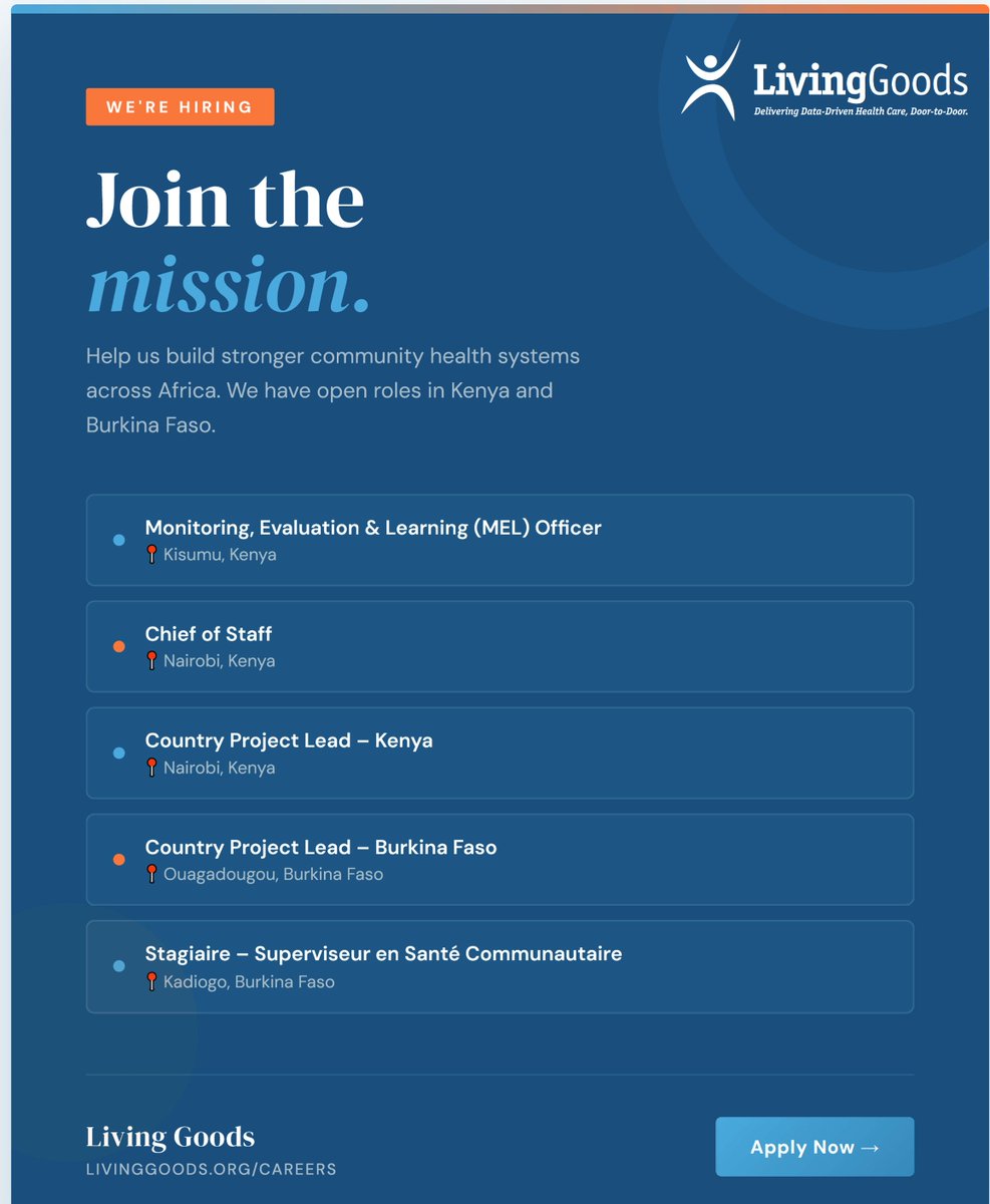 Living_Goods's tweet photo. We're currently looking for passionate, impact-driven professionals to join us in Kenya and Burkina Faso. If you're ready to put your skills to work where they matter most, we want to hear from you.

Apply here: https://t.co/MJSsjGBf7d

#NowHiring#LivingGoods#CommunityHealth https://t.co/vFo18iL4p4