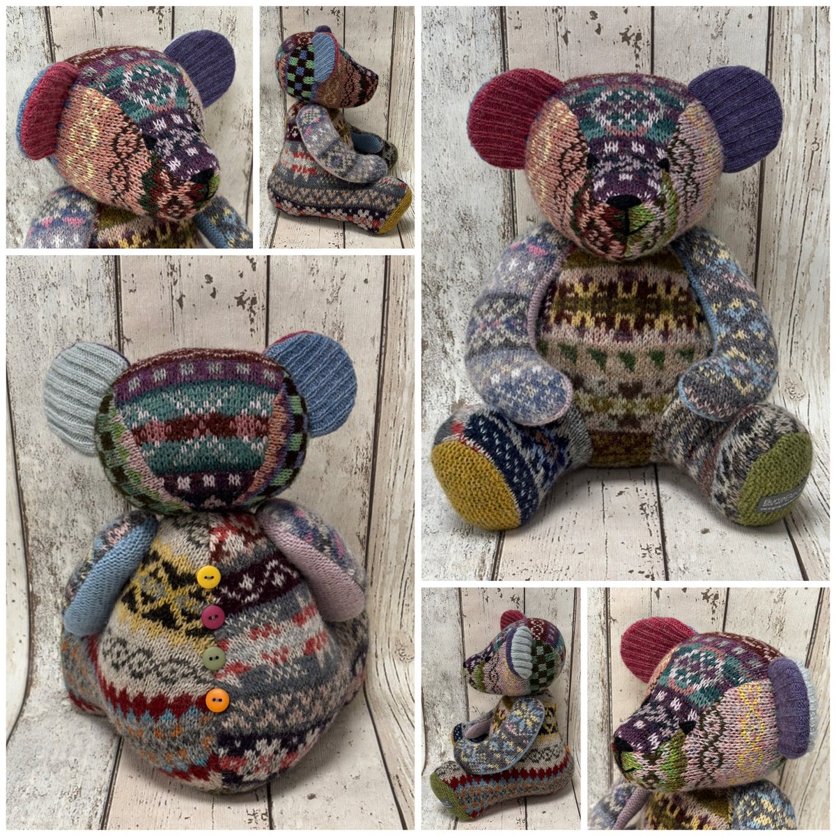 BurraBears's tweet photo. Friday Burra Bear FOR SALE:
'Hedda o' Hamrigarth' made from 10 different pieces of beautiful Fair Isle knitwear by the fabulous @JamiesonsofShet
£135, price includes UK P&P
#burrabears #shetland #FairIsleFriday https://t.co/VY3S2PU7qW
