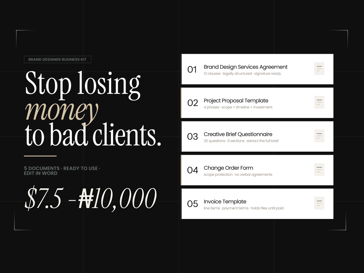 zazzygfx's tweet photo. it's live. 🖤

the Brand Designer Contract Bundle — everything you need to run your brand studio properly.

01 — Services Agreement
02 — Project Proposal
03 — Creative Brief
04 — Change Order Form
05 — Invoice Template

purchase link below and in bio👇 https://t.co/byHiiuousH