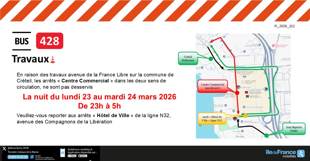 MarneSeine_IDFM's tweet photo. ⚠️#InfoTrafic #Travaux #Bus428
🗓️Dans la nuit du lundi 23 au mardi 24 mars de 23h à 5h.
🚧En raison de travaux Avenue de la France Libre sur la commune Créteil.
🚏L'arrêt : Centre Commercial Régional n'est pas desservi. https://t.co/FV8Dda6VlD