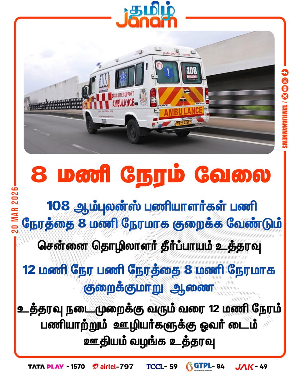 TamilJanamNews's tweet image. 8 மணி நேரம் வேலை

#108Ambulance | #Ambulance | #employees | #workinghours | #hospital | #Chennai | #newsupdate | #tamiljanam