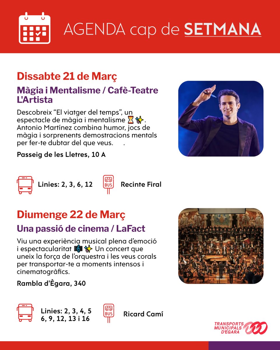 tmesa_bus's tweet photo. 📅✨ Agenda del cap de setmana! Gaudeix de la màgia i el mentalisme amb “El viatger del temps” ⏳🎩 i deixa’t portar per l’emoció de “Una passió de cinema” 🎼🎬. Mou-te en bus i no et perdis res! 🚍💫 #BusTerrassa #TMESA #CapDeSetmana https://t.co/MIE11p4I02