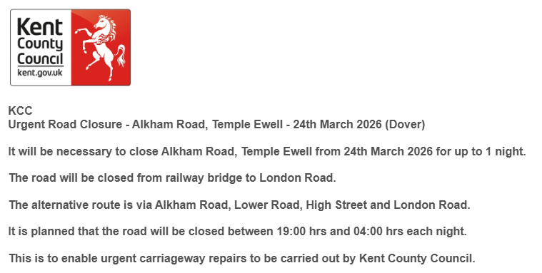 KentHighways's tweet photo. Temple Ewell, Alkham Road: Closed for 1 night on 24th March to allow for carriageway repairs by @KentHighways : https://t.co/o9v3Rpn00R https://t.co/d5gCApbLcx