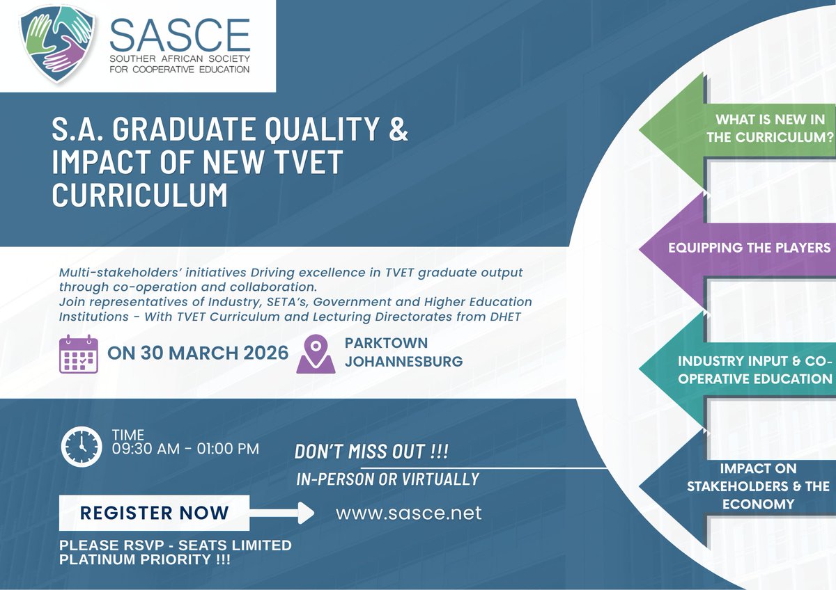 Sasce_students's tweet photo. Join SASCE on 30 March 2026 in Parktown, JHB for a critical multi-stakeholder dialogue on S.A. Graduate Quality &amp; the Impact of New TVET Curriculum.

👉 https://t.co/sdmwdeSGJz

#TVET #SASCE #SouthAfrica #SkillsDevelopment https://t.co/oURQ1kwH2H