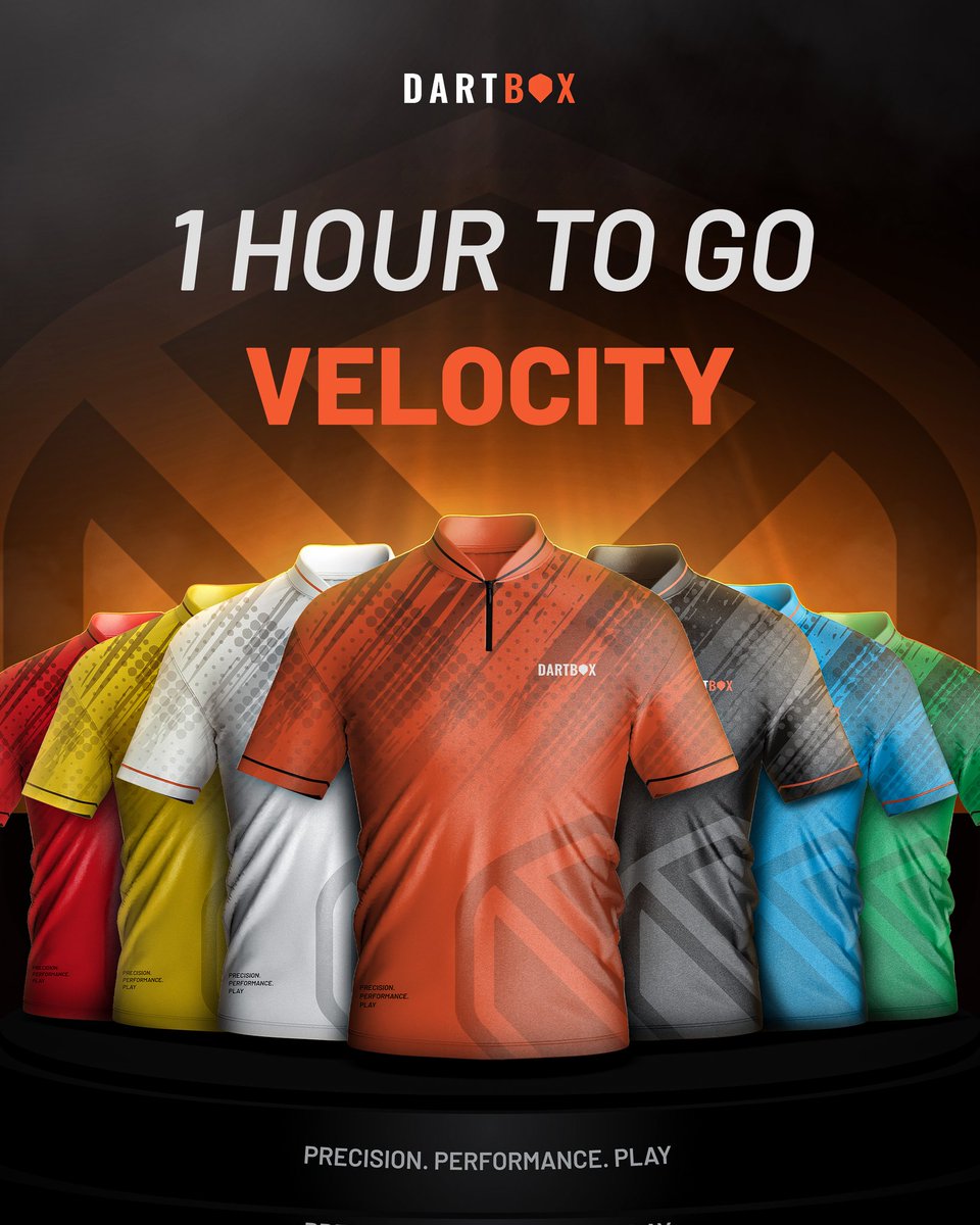 1 hour to go. 🎯
Velocity pre-orders open at 11AM.
Seven colours.
Full size range.
Be ready to secure your colour and size.

#darts #dartbox #9darter #180 #philtaylor #lukelittler