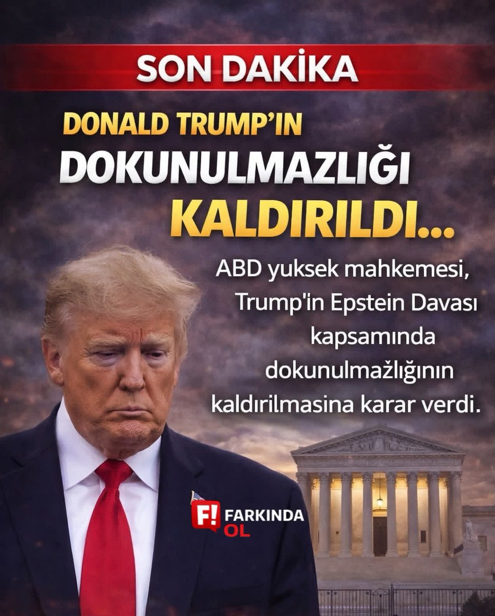 MslmEski2's tweet photo. 🚨Son Dakika | Donald Trump’ın dokunulmazlığı kaldırıldı... 

ABD Yüksek Mahkemesi, Donald Trump’ın Epstein davası kapsamında dokunulmazlığının kaldırılmasına karar verdi.

📌 Kararla birlikte Trump’ın yargılanmasının önü açıldı.
📌 Sürecin siyasi sonuçlar doğurabileceği ve azil tartışmalarını yeniden gündeme getirebileceği belirtiliyor.

👉 Karar, ABD siyasetinde yeni bir dönemin başlangıcı mı?

#epstein #gündem #abd #trump #dünya