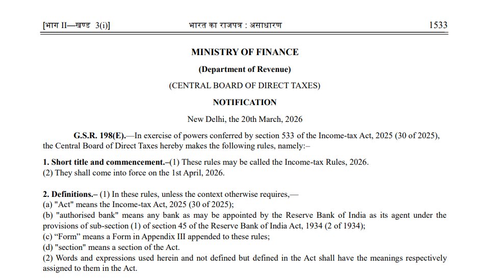 LoudspeakerIsOn's tweet photo. Income-tax Rules, 2026 along with Income Tax Forms have been notified and published in the e-Gazette.

They shall come into force on the 1st April, 2026.

https://t.co/O7SN4iSfcA(S(4eq24tdeceu… https://t.co/JDi0pnD0Zu