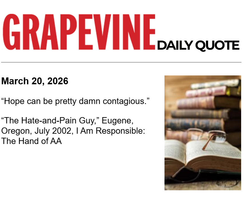 eastlancsaa's tweet photo. Grapevine
#Hope = Hearing other peoples experiences
#IAmResponsible
#AA #AlcoholicsAnonymous #ODAAT
#Recovery #RecoveryPosse https://t.co/5SjerTTy1K