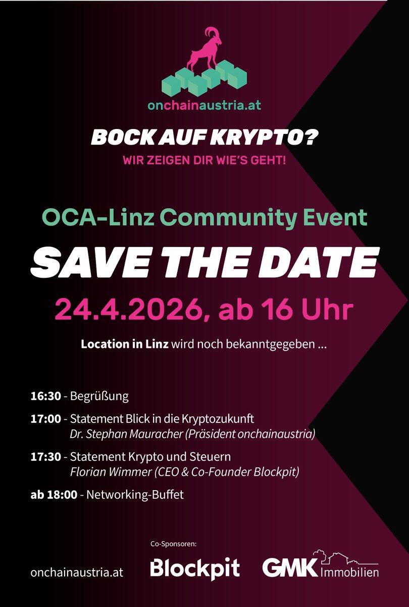 onchainaustria kommt nach Linz! 🚀

Am 24.04.2026 ab 16:00 laden wir euch zum onchainaustria Community Event.

Mit Insights zu BTC, ETH, Krypto-Steuern &amp; entspanntem Networking-Buffet. 🔥

Eintritt gratis, Anmeldung über Meetup: Link im ersten Kommentar 👇

#onchainaustria