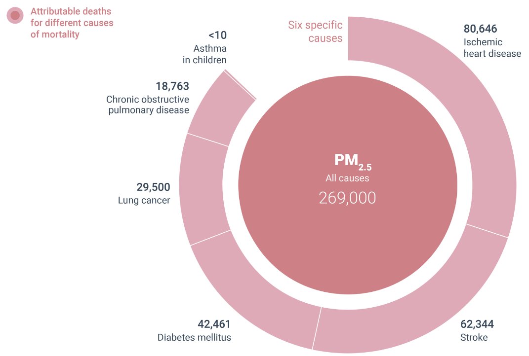 In 2022, 269,000 deaths linked to PM2.5 #air #pollution in the #EU.

PM2.5 are tiny particles in the air, so small they pass straight through your lungs and into your bloodstream.

This is according to <a href="/EUEnvironment/">EU EnvironmentAgency</a> 's report 

"Harm to human health from air pollution in Europe"