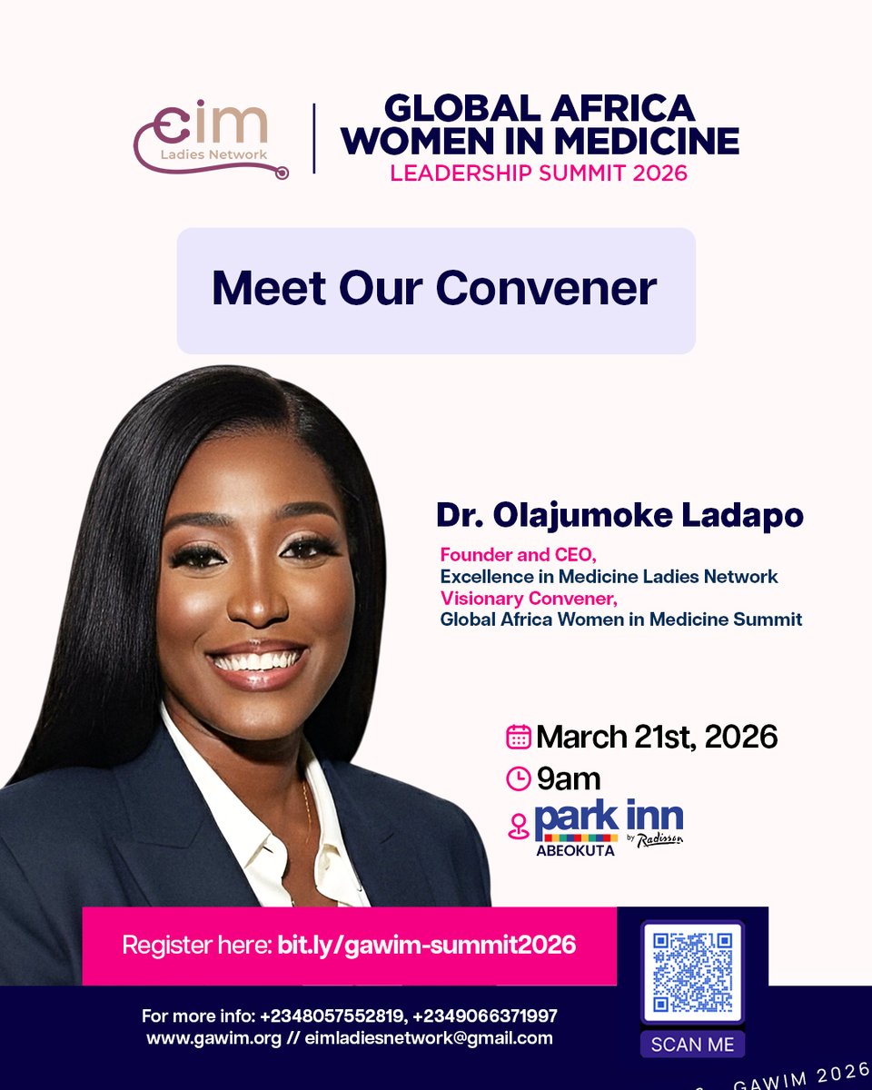 Naijaladydocs's tweet photo. Meet our Host: Dr. Olajumoke Ladapo 🔥
Energetic. Intentional. Excellent. A true legacy builder.

She’s not just hosting #GAWIM2026 - she’s setting the tone for impact, leadership, and transformation.

March 21st, 2026 | Park Inn by Radisson, Abeokuta | 9AM

Don’t miss this. https://t.co/kZK7rMRLPh