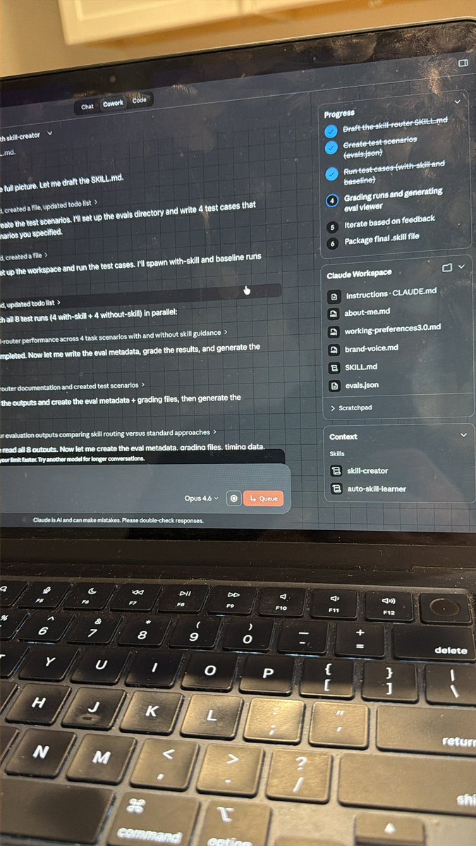 danceking26's tweet photo. Day 1 Continued

Additionally having a tandem skill that allows Cowork to recognize any skills that may be used within the context of its prompt. I know there is a trigger issue with these two things. For now I have these skills always running in my working preferences https://t.co/k7NvYbHaXw