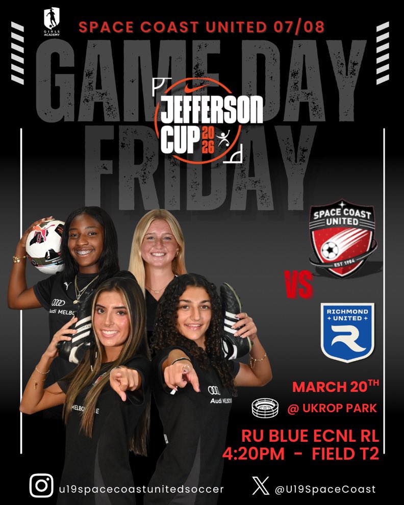 U19SpaceCoast's tweet photo. Rise and Shine! It’s game day and @U19SpaceCoast are excited to be kicking off @jeffersoncup 2026.  Be sure to come out and check us out!  @GAcademyLeague @ImCollegeSoccer @UncommittedGrls @SCU321 https://t.co/0OWdb8kDR2