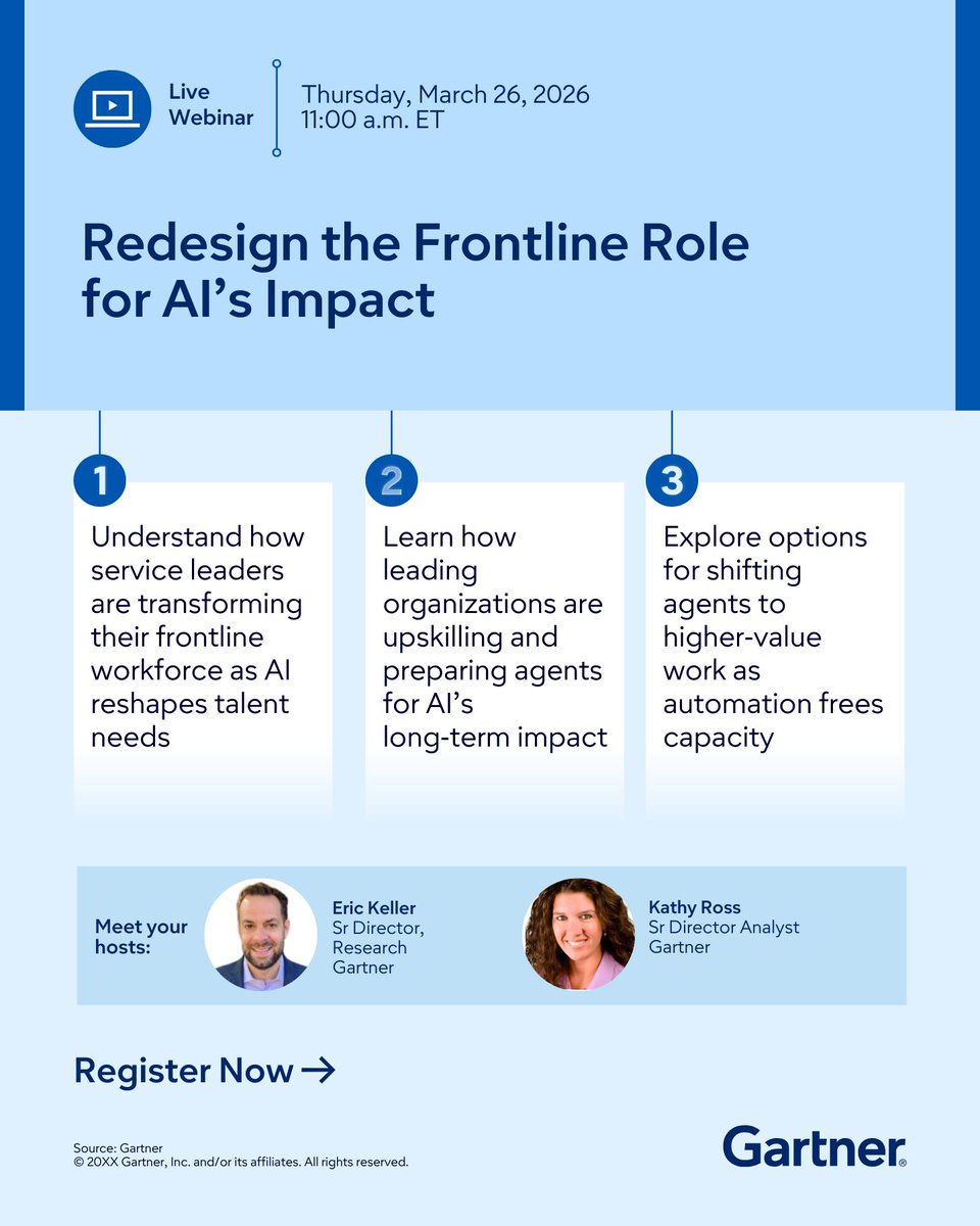 Gartner_inc's tweet image. As AI takes on more customer interactions, service leaders must rethink human roles: gtnr.it/45MDXVq

Learn how to prepare your team, transform workforce strategies, and build a future-ready service organization.

#GartnerCSS #AIinService #WorkforceTransformation