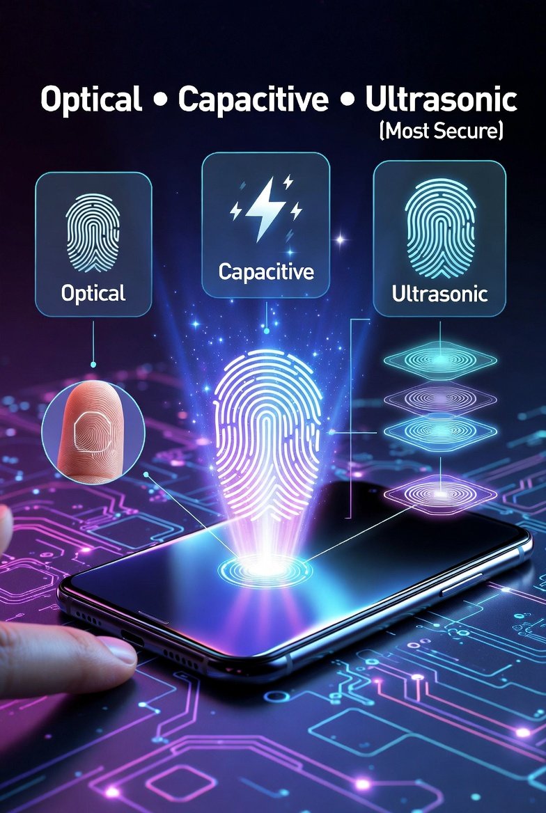 PromptlyHit's tweet image. 🔐 Finger on sensor → reads ridges/valleys in ms!  
3 main types:  
• Optical: mini camera snaps photo  
• Capacitive: detects skin electricity  
• Ultrasonic: sound waves map 3D (most secure)  
Under-display uses screen light as flashlight 

#TheSimplifier #Biometrics