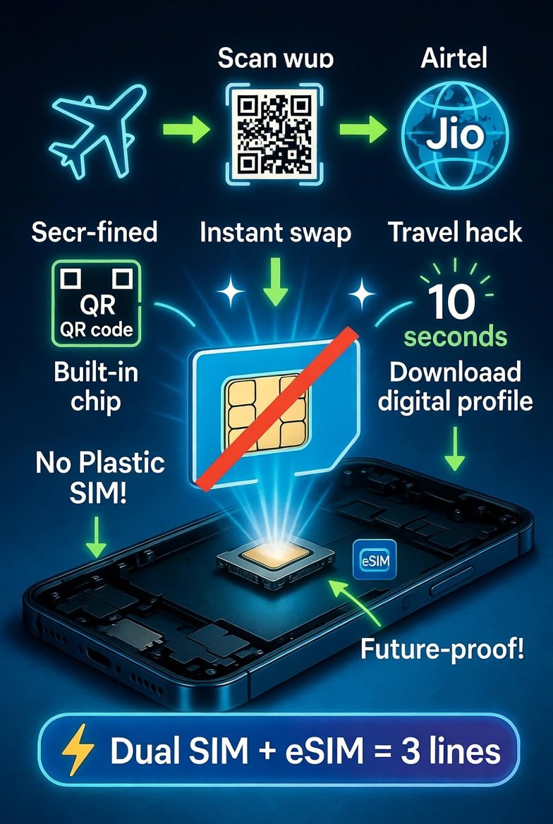 PromptlyHit's tweet image. 🪪 No more plastic SIM!  
eSIM = built-in chip. Carrier sends digital profile (QR/code) → activate in 10s!  
Swap Airtel ↔ Jio instantly. Dual SIM + eSIM = up to 3 lines!  
Travel? Grab local eSIM abroad 🌍  
Future-proof!  
#TheSimplifier #eSIM