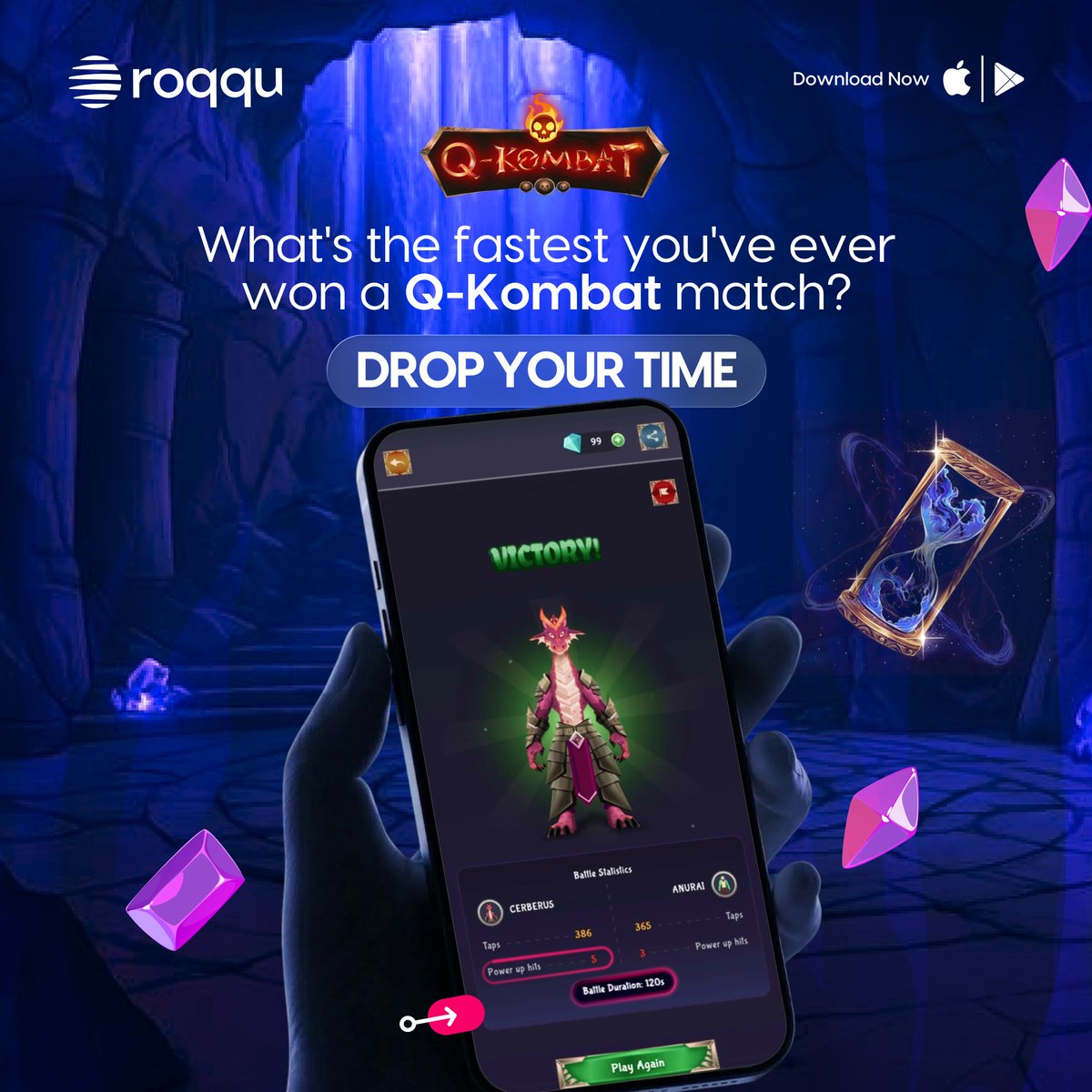 roqqupay's tweet image. Just 2 minutes to victory! ⚔️ 

Time your power-up hits perfectly, and your opponent won't stand a chance 🔥 

Play Q-Kombat on your app now, share screenshots of your fastest victory and power-up hits 👇🏾 

#QKombat #RoqquGameFi #Play2Earn