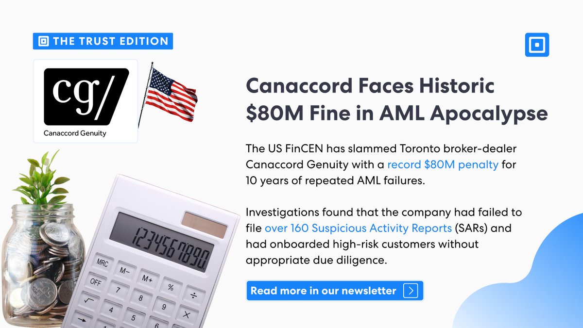 ComplyCube's tweet photo. 🔥 The March Issue of The Trust Edition is out.

Here are your monthly headlines 👇

🤯 Canaccord's Historic $80M Fine in AML Apocalypse

🥶 Capital Asia Caught in Singapore AML Raid

💸 Guernsey Sets Record Fine for Utmost Worldwide

🗺️ Kuwait's New AML Matrix after FATF Grey-Listing

✍️ Nordea's $2.5M Meltdown for Incorrect Reporting

In other news, ComplyCube partners with @Fidamy_insure to accelerate embedded insurance adoption! Plus, our marketing executive joins our partner, @growldnbusiness, at the International Women's Day Connection for Impact event. 💙

🗞️ Don't miss out on this month’s issue here: https://t.co/Oi9A6IquM5

#kyc #aml #regtech #compliancenews