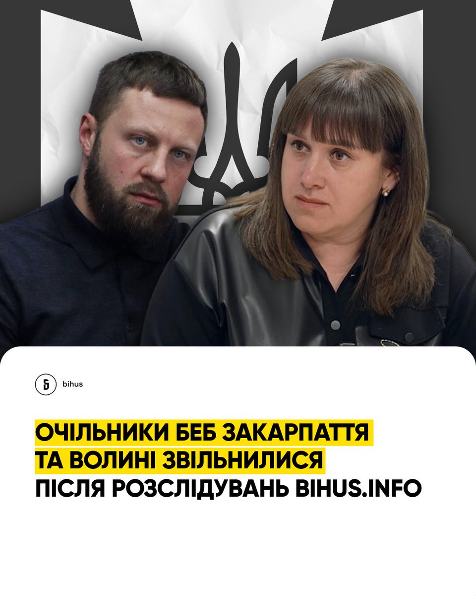 Одразу два топи БЕБ звільнилися після виходу розслідувань Bihus.Info 🔥

Мова про очільницю волинського управління – Ларису Ревіну, яка вже звільнена, та керівника бюро на Закарпатті – Євгенія Калугіна, який офіційно залишить посаду наприкінці березня.

Про це
