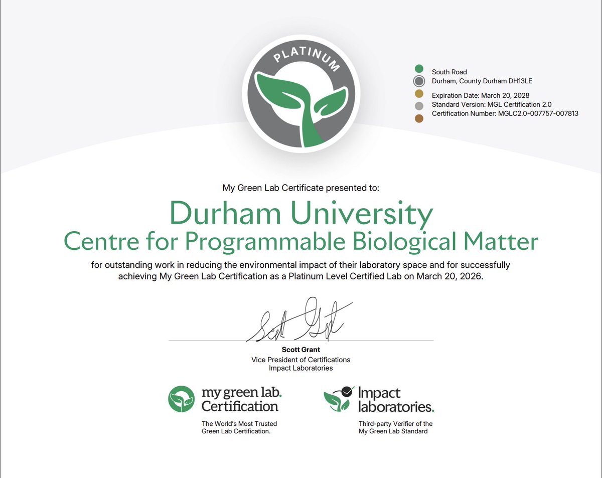 CPBM_heddlelab's tweet photo. Thrilled to share that we have achieved Platinum certification from @My_Green_Lab🌿🌍

We’re proud of our team's collective effort to cut waste, save energy &amp; embed sustainability into our research.

Let’s keep building a greener future! 🌟

#Sustainability #MyGreenLab @DurBiol https://t.co/1EMKHSpcQM