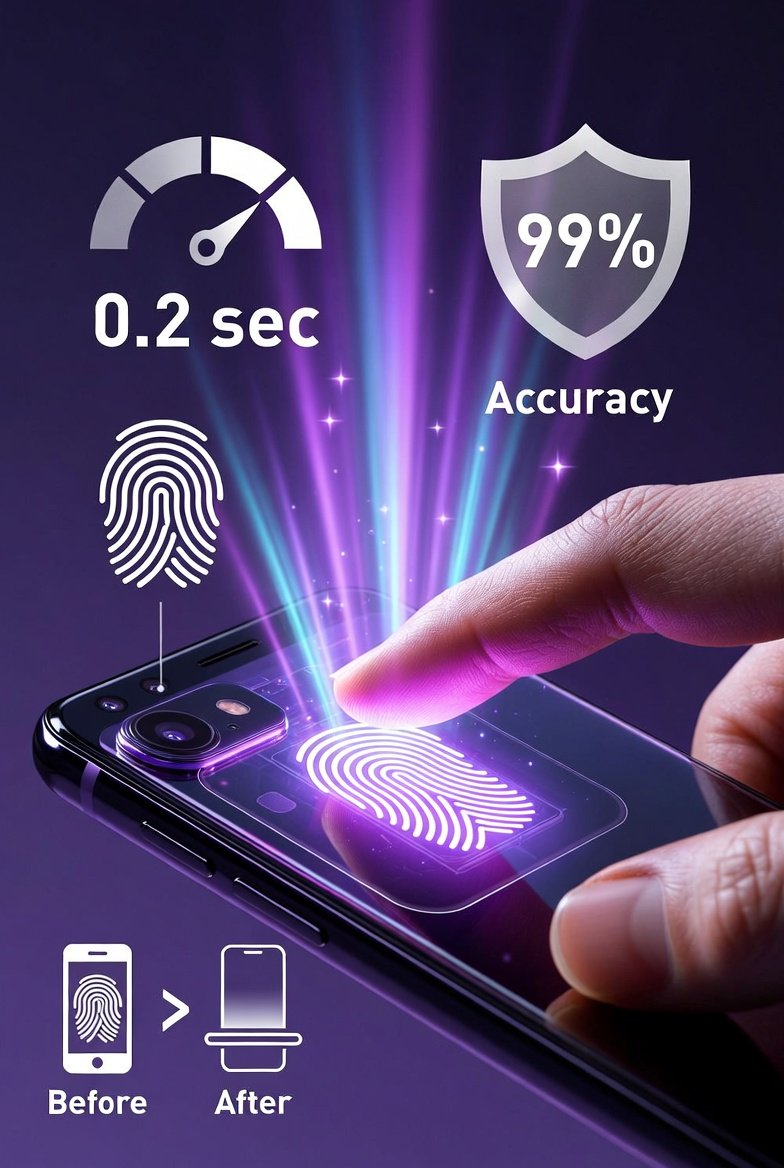 PromptlyHit's tweet image. 🔍 Goodbye rear scanner!  
Screen glows → light goes through → under-display camera snaps finger → AI matches in ~0.2s!  
Pros: seamless  
Cons: bit slower in bright sun  
2026 models hit ~99% accuracy 🔥  
Explained!  
#TheSimplifier #UnderDisplay