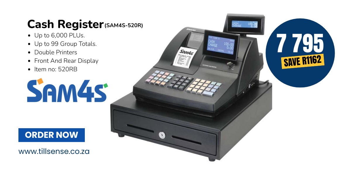 tillsense_'s tweet image. Advanced Sam4s ER-520RB cash register for retail shops. Features dual printers (customer receipt + journal/record copy). 

Key benefits: 
-Supports barcode scanners, 2nd printer, scales &amp;amp; backup SD cards.  

Order/enquire: tillsense.co.za/products/sam4s… 
#TillSense #SAM4S #CashRegister