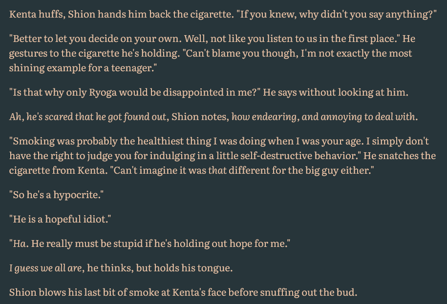 niilesmoon's tweet photo. in honor of that shion tweet abt kentas birthday, i bring you this drabble that was about what kenta and shion were doing back in the prefab during the events of my critically acclaimed fic "graveyard shift" https://t.co/tYPmoMzkj6