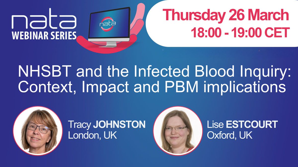 NATAforum's tweet photo. NATA Webinar - 26 March | 18:00 CET

A landmark inquiry. Global implications for transfusion practice

#NHSBT &amp; the Infected Blood Inquiry:Context, Impact &amp; PBM Implications

What happened,what changed,and what must happen next

Register👉 https://t.co/iKaYQWCpld

@bloodinquiry https://t.co/3yUW7Vp2zV