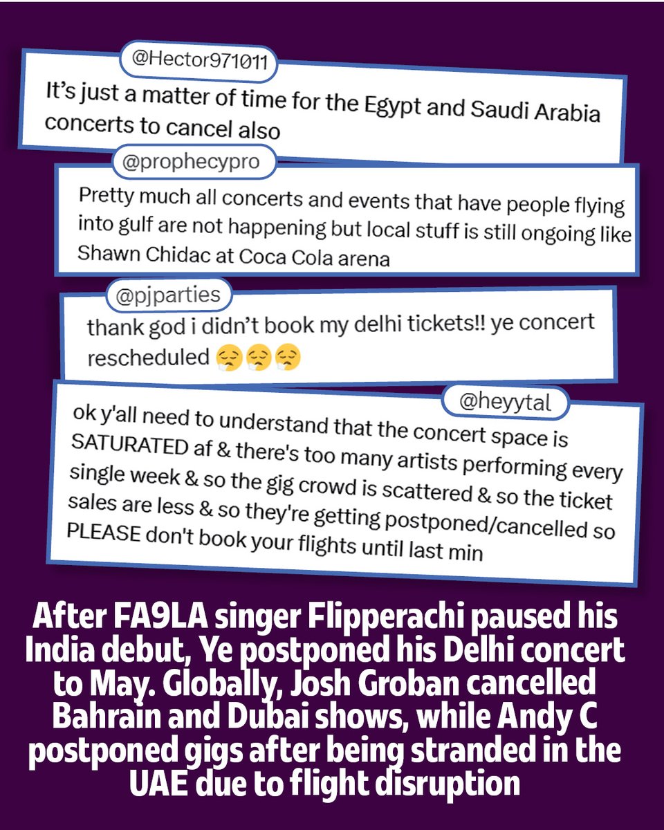 bombaytimes's tweet photo. From Delhi to the Gulf, rising geopolitical tensions are disrupting live music. #Flipperachi paused his India debut, #KanyeWest pushed his Delhi show to May, while #JoshGroban and #AndyC cancelled/postponed gigs across the UAE. Even Shakira’s Middle East tour hangs in uncertainty https://t.co/D2B6tAMsCE