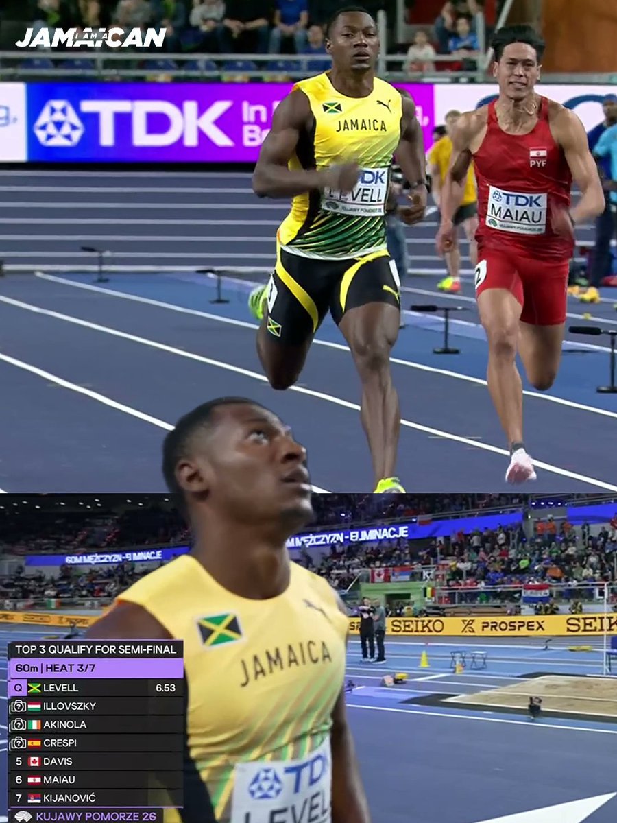 🇯🇲 Bryan Levell wins 60m (Heat 3) in 6.53s at the World Indoor Championships in Poland. Dominik Illovszky of 🇭🇺 takes second in 6.58s.
