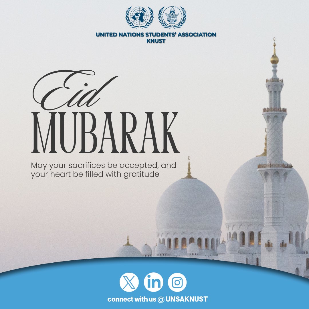 UNSAKNUST's tweet photo. Eid Mubarak from UNSA–KNUST

May this blessed occasion bring you peace, joy, and countless blessings. May your sacrifices be accepted and your hearts be filled with gratitude.

Wishing you and your loved ones a beautiful and fulfilling Eid 🤍 https://t.co/PAXx21eFOz